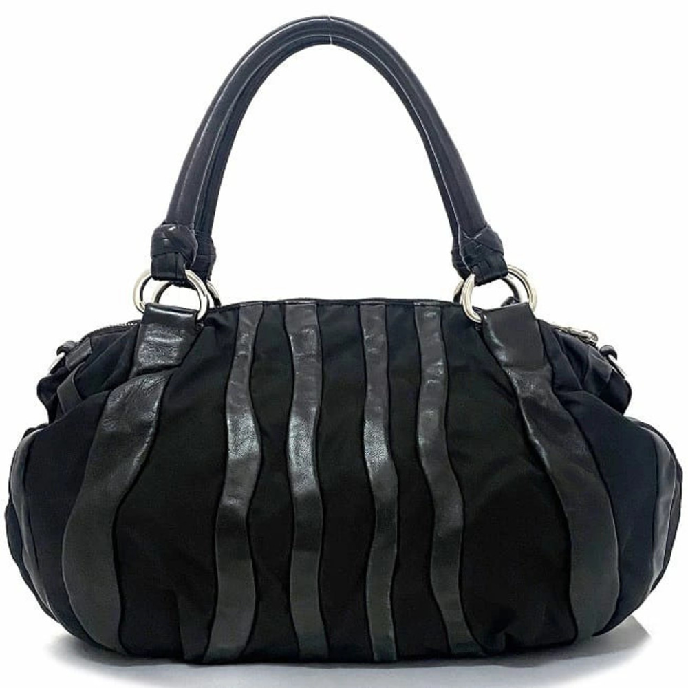 Prada Tote Bag Black Silver Leather Stripe Zipper Logo - Picture 3 of 10